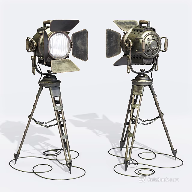 Vintage Spotlights On Tripod Stands With Rustic Metal Design And Classic Style 3d model 