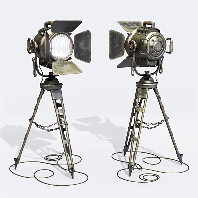 Vintage Spotlights On Tripod Stands With Rustic Metal Design And Classic Style 3d model