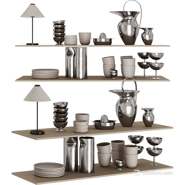 Sleek Modern Kitchenware Display On Shelves With Bowls Plates Pitchers And Vases 3d model 
