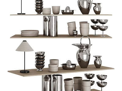 Sleek Modern Kitchenware Display On Shelves With Bowls Plates Pitchers And Vases 3d model