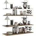 Sleek Modern Kitchenware Display On Shelves With Bowls Plates Pitchers And Vases
