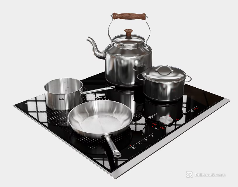 Stainless Steel Kitchen Appliances On Modern Induction Cooktop With Kettle Pot And Frying Pan 3d model 