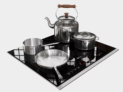 Stainless Steel Kitchen Appliances On Modern Induction Cooktop With Kettle Pot And Frying Pan 3d model