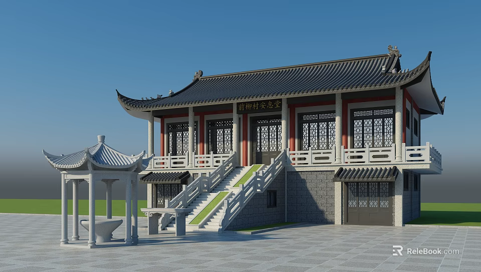 Traditional Chinese Ancient Architecture With Curved Roof Overhanging Eaves Stone Stairs And White Railings 3d model 