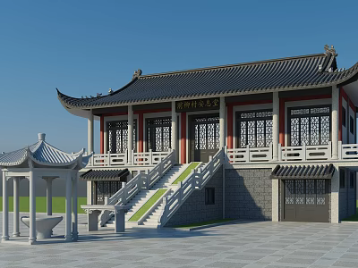 Traditional Chinese Ancient Architecture With Curved Roof Overhanging Eaves Stone Stairs And White Railings 3d model