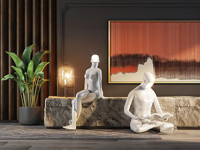 Abstract Floor Lamp Featuring White Mannequins Orange Abstract Painting and Green Plant in Modern Interior 3d model