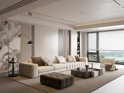 Modern Living Room Interior With Beige Sofa Gray Ottoman Textured Marble Wall And Large Windows 3d model