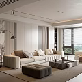 Modern Living Room Interior With Beige Sofa Gray Ottoman Textured Marble Wall And Large Windows