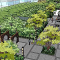 Residential Landscape With Wooden Structure Circular Archway Green Plants And Water Feature