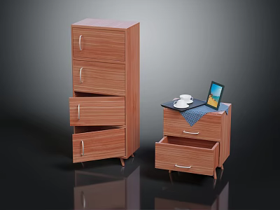 Wooden Cabinets With Drawers High And Low Units Featuring Laptop Cup And Plate 3d model