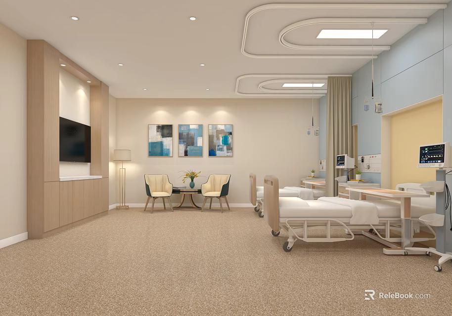 Modern Hospital Room Interior With Medical Equipment Decorative Paintings And Comfortable Furniture 3d model 