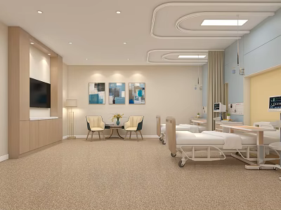 Modern Hospital Room Interior With Medical Equipment Decorative Paintings And Comfortable Furniture 3d model