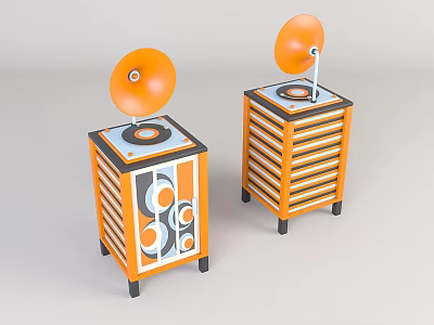 Orange Entryway Console Cabinet With Horn Shaped Top Geometric Patterns And Striped Design 3d model