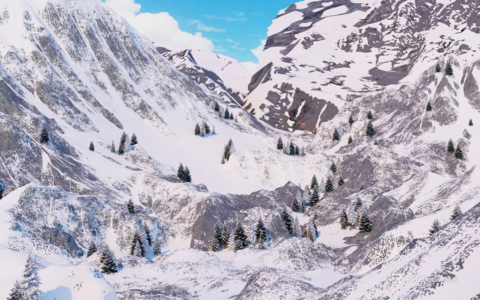 Natural Garden Landscape In Snowy Mountains With Pine Trees And Clear Blue Sky 3d model 