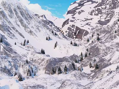 Natural Garden Landscape In Snowy Mountains With Pine Trees And Clear Blue Sky 3d model
