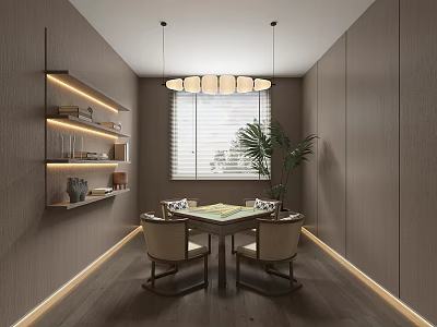 Elegant Hotel Mahjong Room Interior With Mahjong Table Chairs Shelves Chandelier Window And Plant 3d model