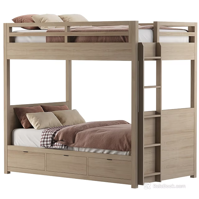 Light Wood Bunk Bed With Cozy Bedding And Storage Drawers 3d model