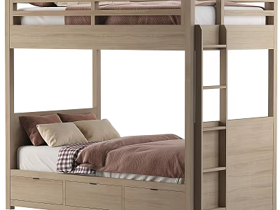 Light Wood Bunk Bed With Cozy Bedding And Storage Drawers 3d model