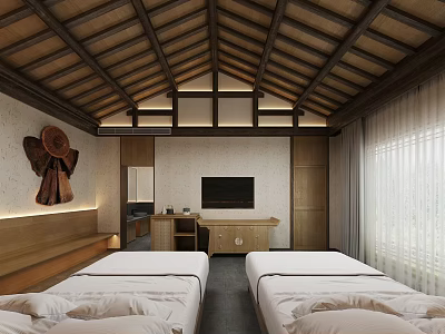 Rustic Hotel Guest Room With Wooden Ceiling Twin Beds And TV 3d model