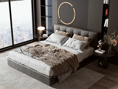 Modern Double Bed Bedroom Interior With Large Window City View Circular Decor Nightstand Table Lamp 3d model