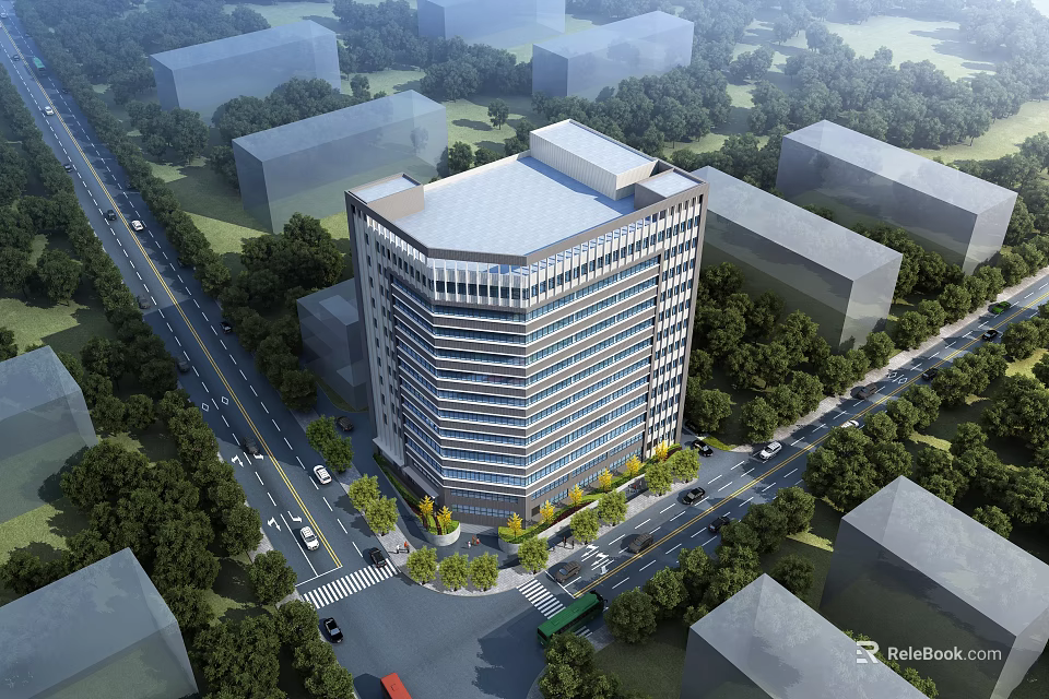 Aerial Planning View of Modern High-Rise Building with Surrounding Roads and Green Belts 3d model 