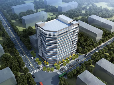 Aerial Planning View of Modern High-Rise Building with Surrounding Roads and Green Belts 3d model