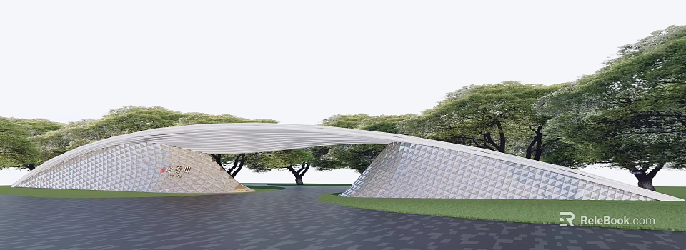 Modern Curved Entrance Gate With Textured Surface Surrounded by Green Trees 3d model 