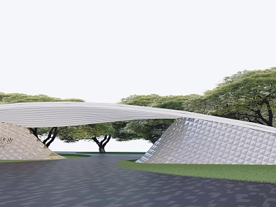 Modern Curved Entrance Gate With Textured Surface Surrounded by Green Trees 3d model