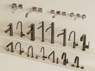 Different Modern Faucet Styles Displayed On White Shelves For Bathroom And Kitchen 3d model