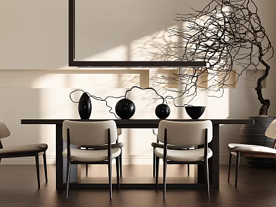 Modern Tea Table With White Chairs Black Vases And Twig Tree Decoration 3d model