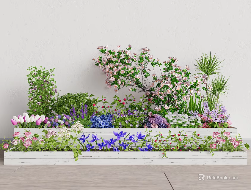 Colorful Flowers and Green Plants in White Flower Box Against White Wall and Wooden Floor 3d model 