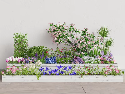 Colorful Flowers and Green Plants in White Flower Box Against White Wall and Wooden Floor 3d model