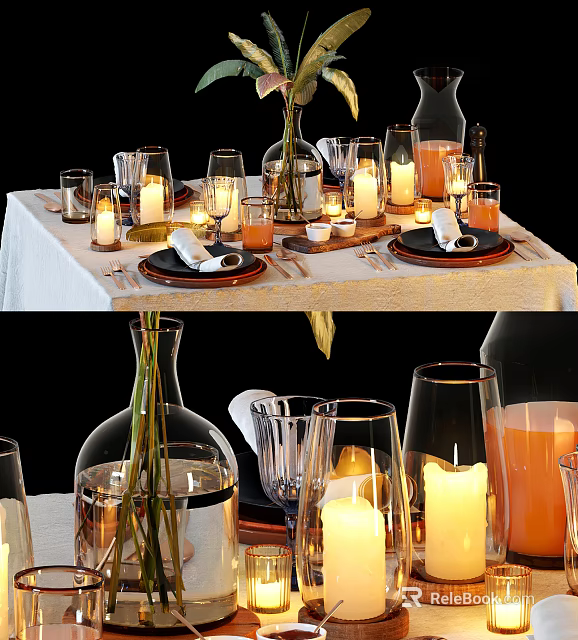 Elegant Tableware Set Featuring Plates Cutlery Candles And Glassware On Dining Table 3d model 