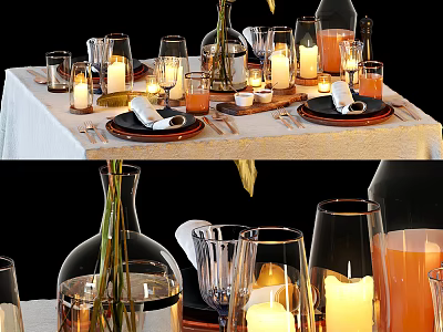 Elegant Tableware Set Featuring Plates Cutlery Candles And Glassware On Dining Table 3d model