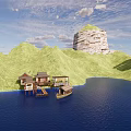 Waterfront Wooden Villas with Green Mountains Boat and Blue Sky View