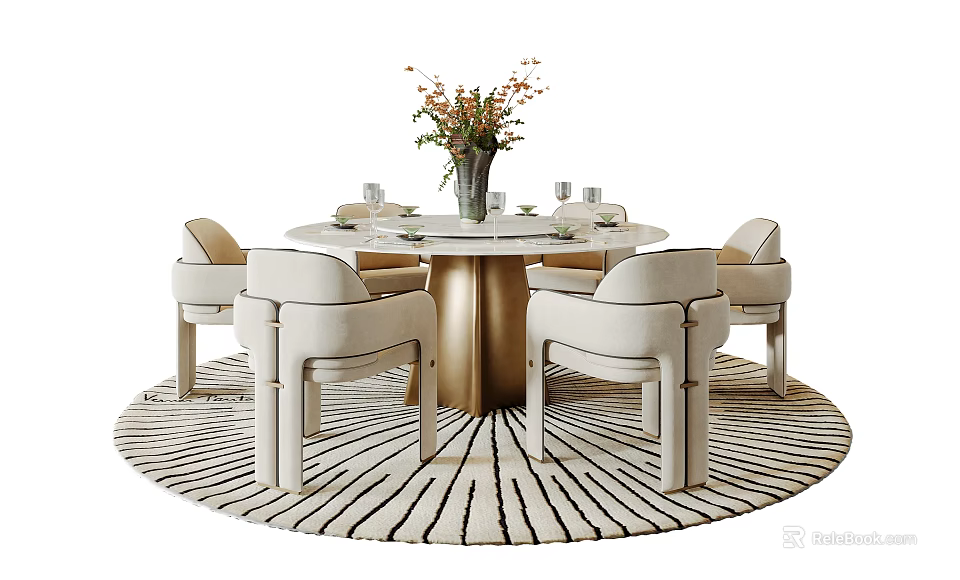 Modern Luxury Round Marble Dining Table And Upholstered Chairs Combination For Home Dining Area 3d model 