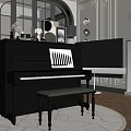 Elegant Interior Scene With Black Piano Music Stand Bench Wall Art Pieces And Fireplace