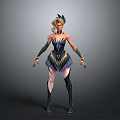 3D Female Character With Golden Hair Feathered Headdress And Black Outfit With Blue Accents