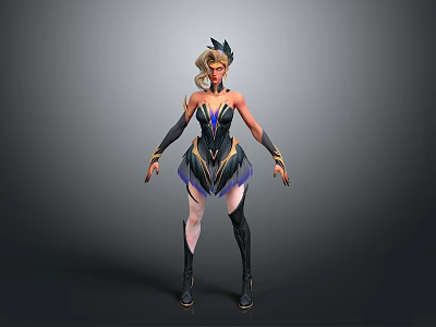 3D Female Character With Golden Hair Feathered Headdress And Black Outfit With Blue Accents 3d model