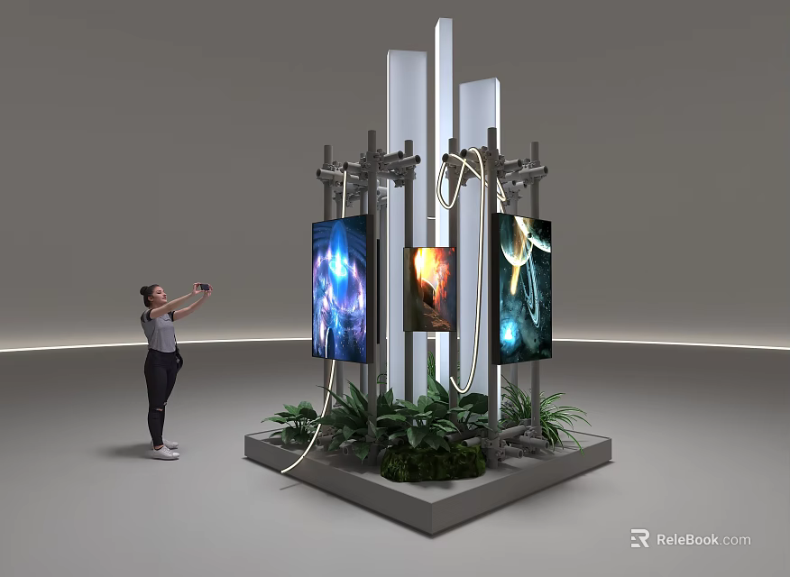 Modern Sculpture Display Installation With White Pillars Screens Images And Green Plants 3d model 