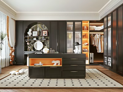 Elegant Modern Walk in Closet Interior Design With Dark Cabinets Dresser And Warm Lighting 3d model