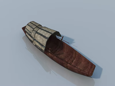 Traditional Wooden Boat With Striped Canopy And Brown Hull Structure 3d model