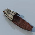 Traditional Wooden Boat With Striped Canopy And Brown Hull Structure