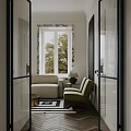 Modern Apartment Living Room With Sofa Green Chairs And Marble Accents