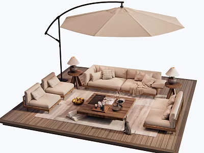 Outdoor Sofa Set With Large Parasol Coffee Table Side Tables And Lamps On Wooden Deck 3d model