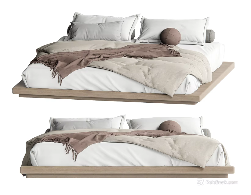 Modern Minimalist Double Bed With White Sheets Pillows Brown Beige Blankets And Wooden Frame 3d model 