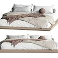 Modern Minimalist Double Bed With White Sheets Pillows Brown Beige Blankets And Wooden Frame