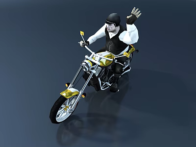 Yellow And White Cruiser Motorcycle With Rider Waving In Black Helmet And White Shirt 3d model