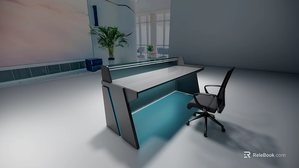 Modern Monitoring Room With Console Desk Ergonomic Chair Potted Plant And Surveillance Screens 3d model 