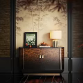 Elegant Entryway Cabinet Sideboard With Bamboo Pattern Wall Table Lamp Photo Frame And Decor